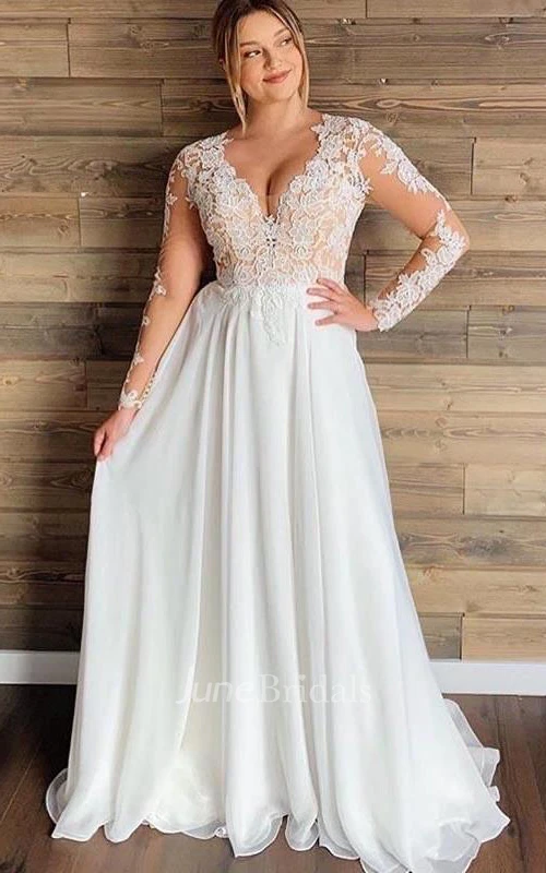 June Bridals Mature Floral Curvy Flattering Long Sleeve Wedding Dress for Chubby Arms Elegant Plus Size A Line Lace Gown for Winter Brides White