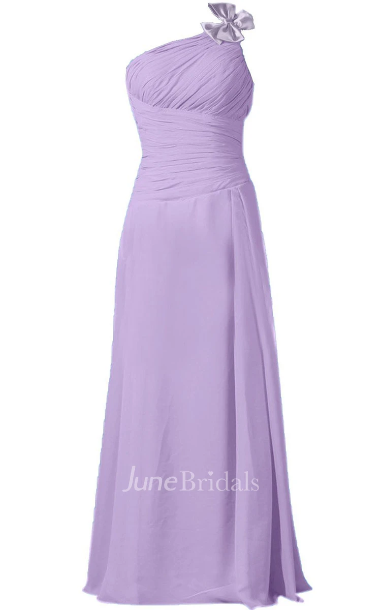 One-shoulder Ruched Chiffon A-line Gown With Bow