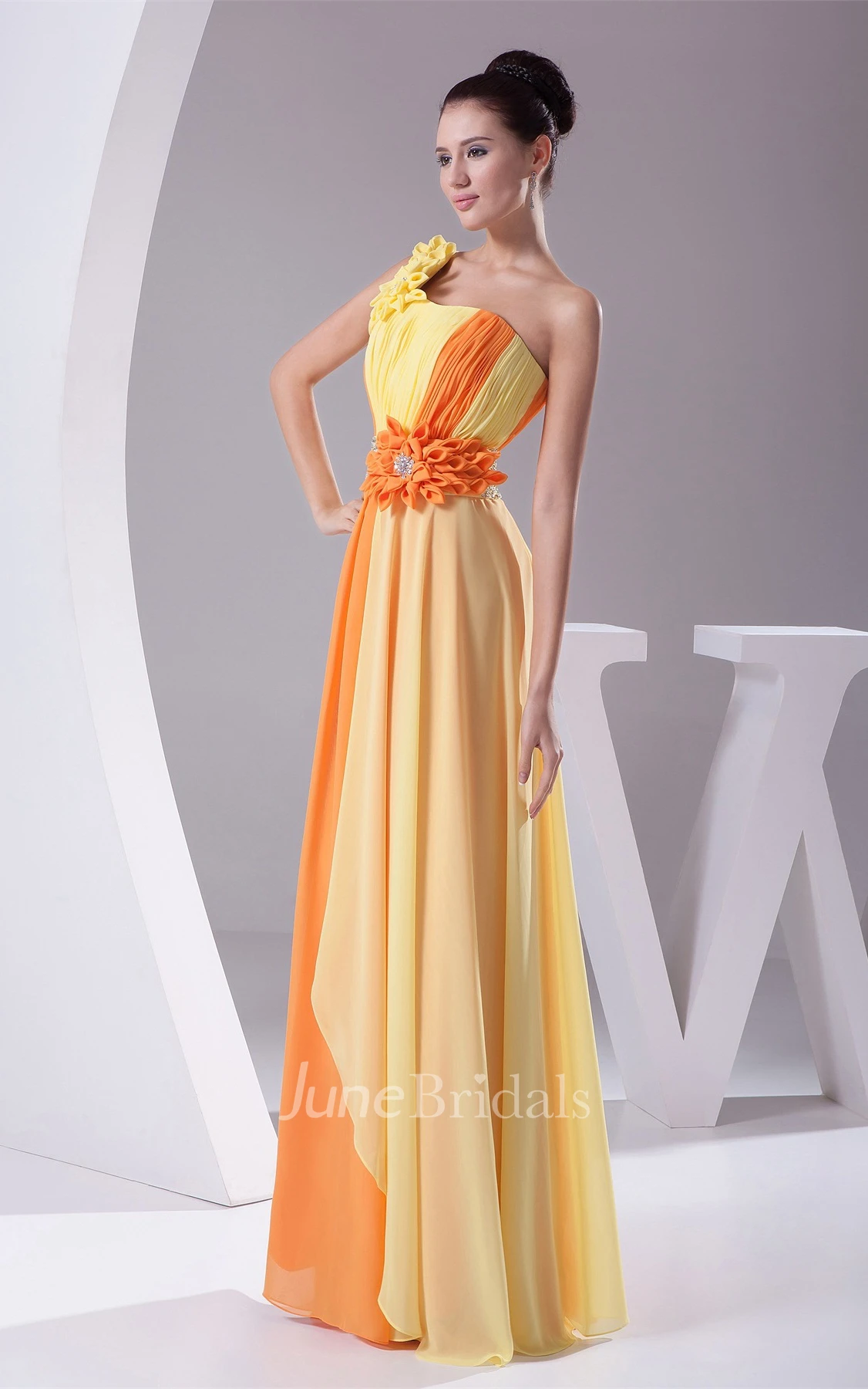 Two-Tone One-Shoulder Pleated Maxi Dress with Floral Waist