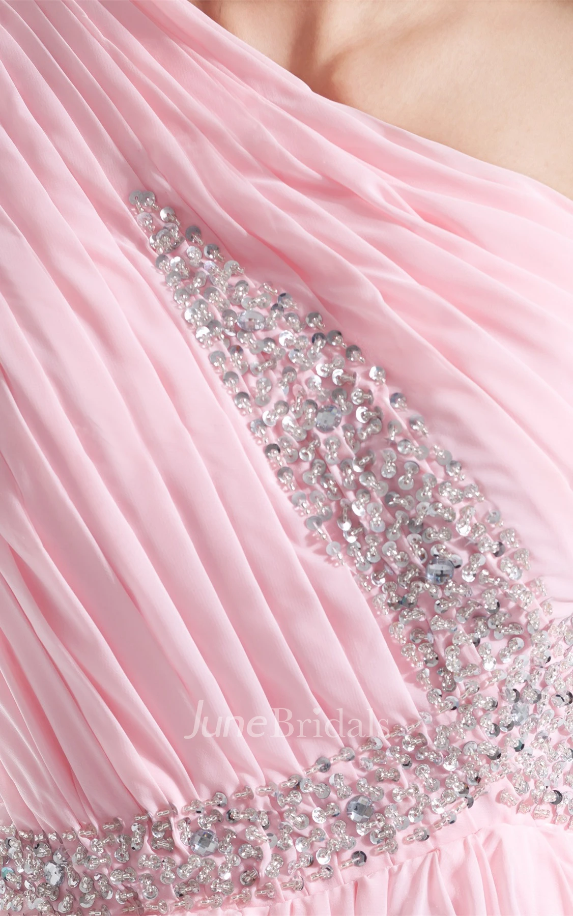 One-Shoulder Chiffon Pleated Gown with Crystal Detailing