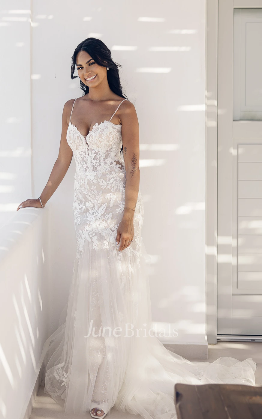 Elopement Mermaid Boho Lace Beach Spring Wedding Dress Modern Trumpet Spaghetti Straps Garden Bridal Gown