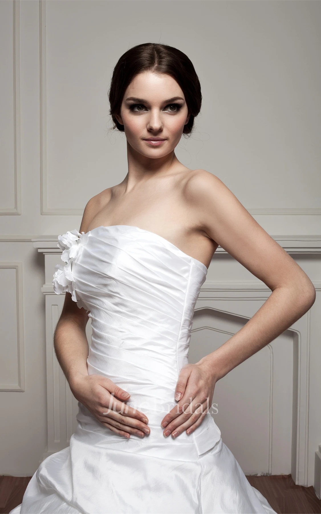 Strapless Ruched Pick-Up Gown with Flower and Ruched Bodice