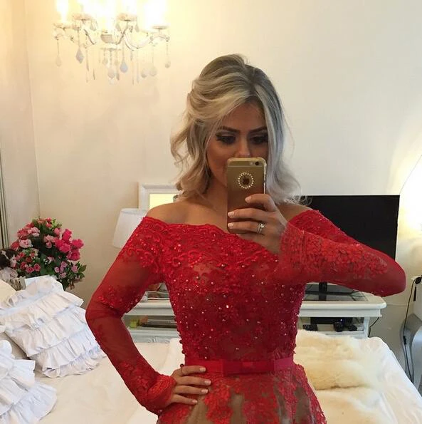 Modern Off-the-shoulder Red Prom Dress Lace Long Sleeve