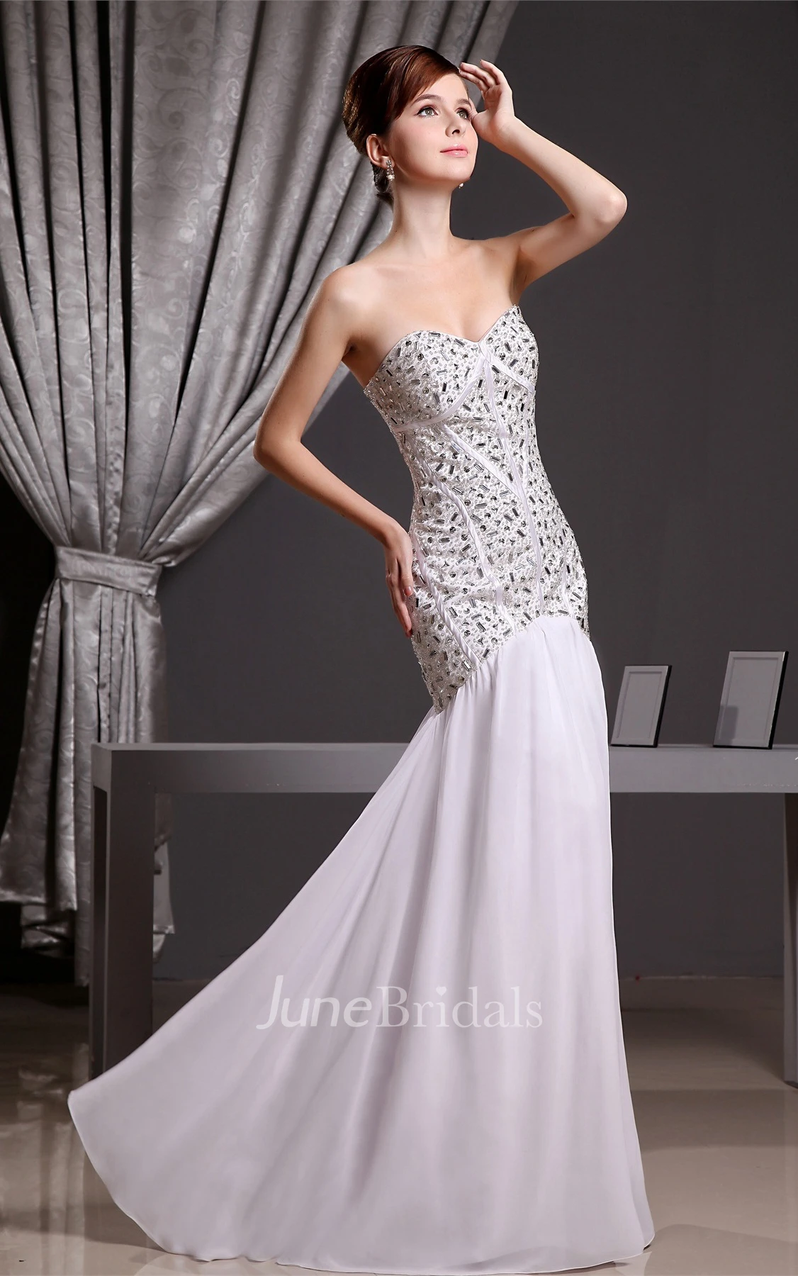 Sweetheart Chiffon Sheath Dress with Pleats and Gemmed Bodice