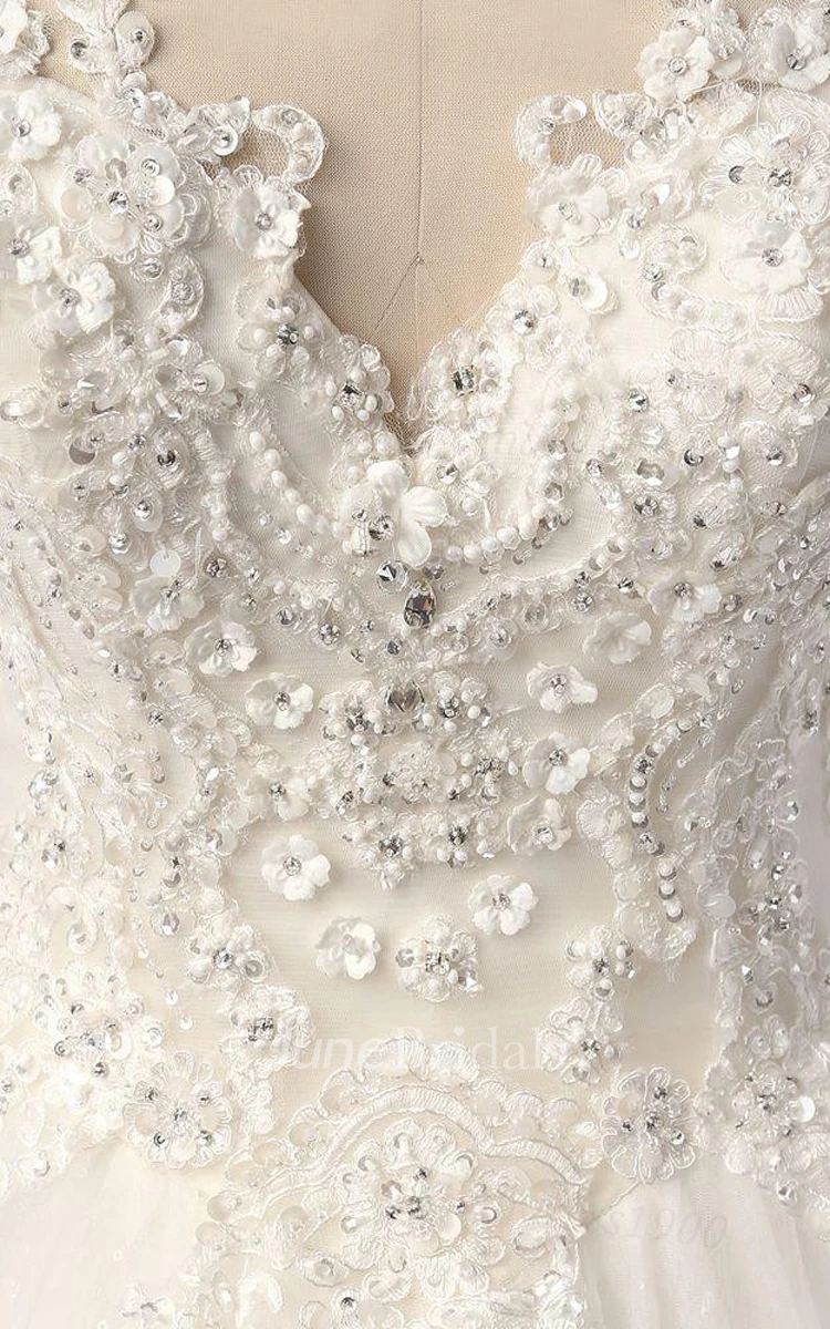 V-Neck Tulle Lace Weddig Dress With Beading Illusion