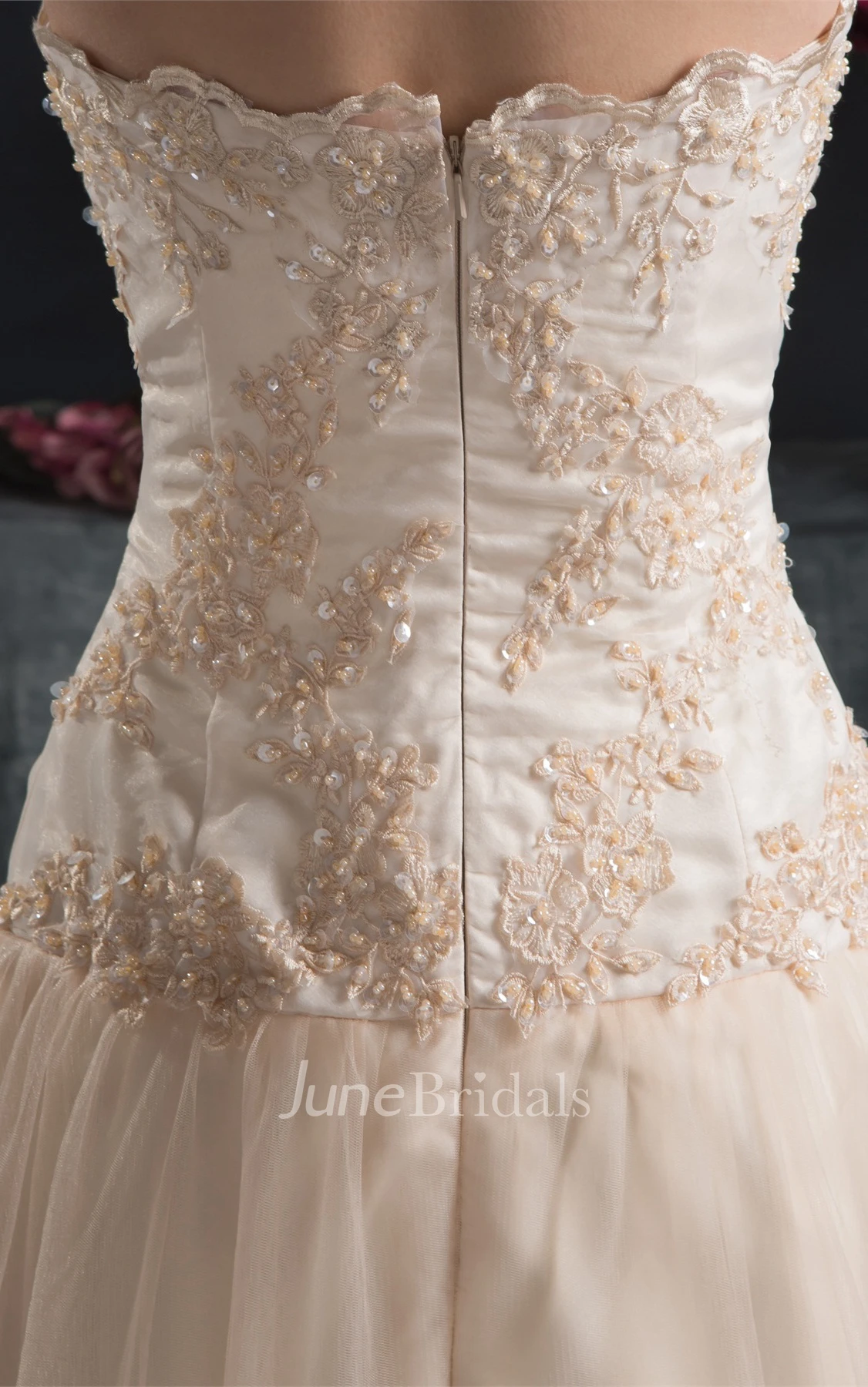 Strapless A-Line Floor-Length Dress with Appliques and Tulle Overlay