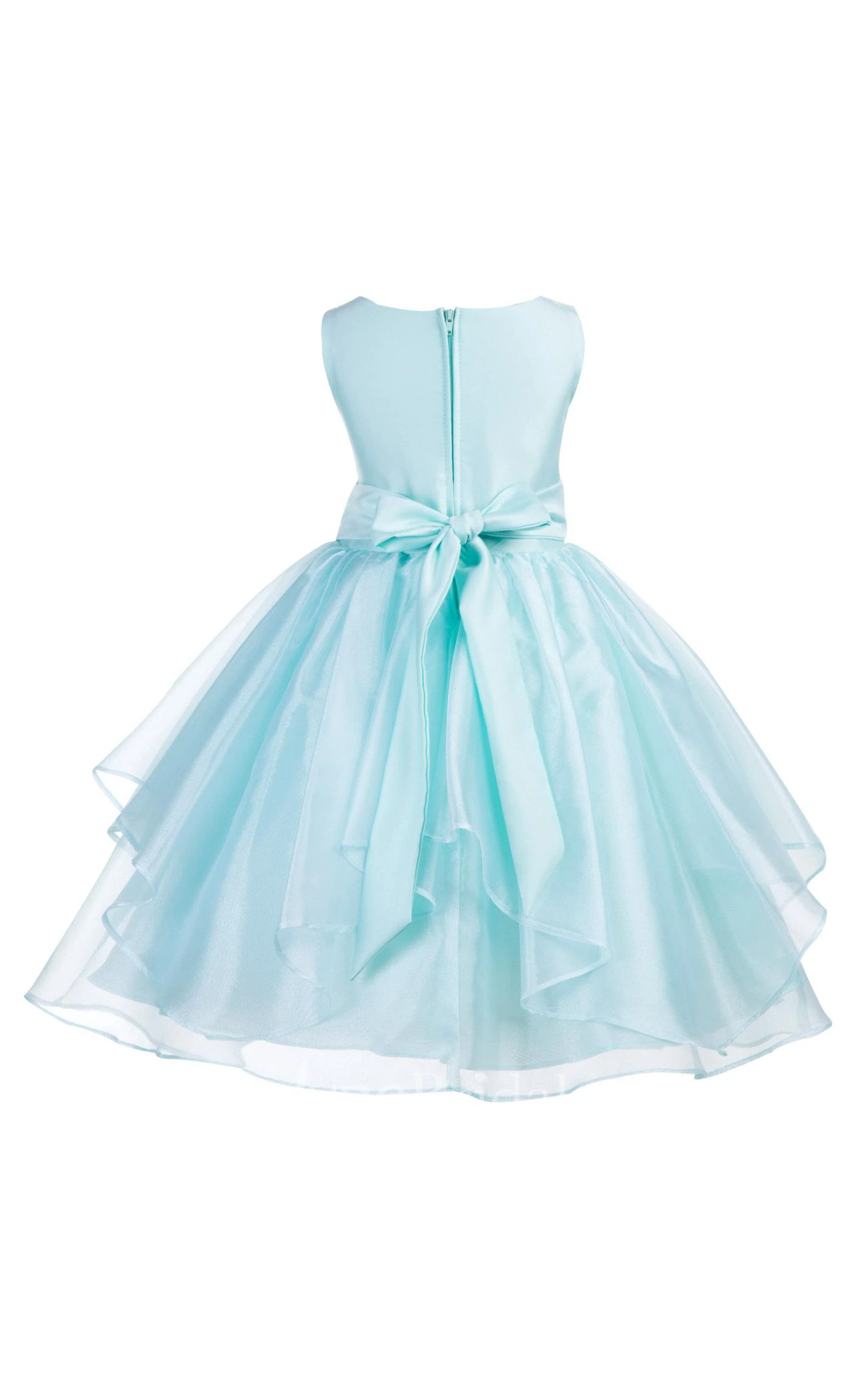 Asymmetric Ruffles Sleeveless Satin Organza Flower Girl Dress With Sequin Sash