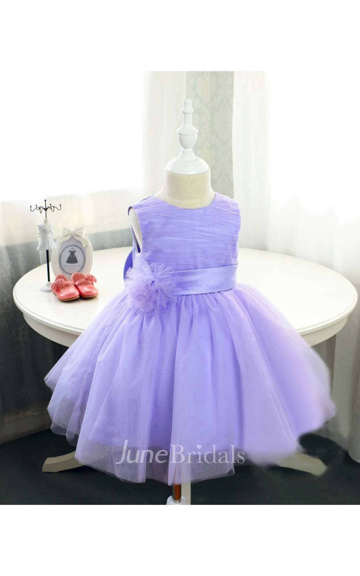Sleeveless High Neck Ruched Organza Dress With Purple Sash