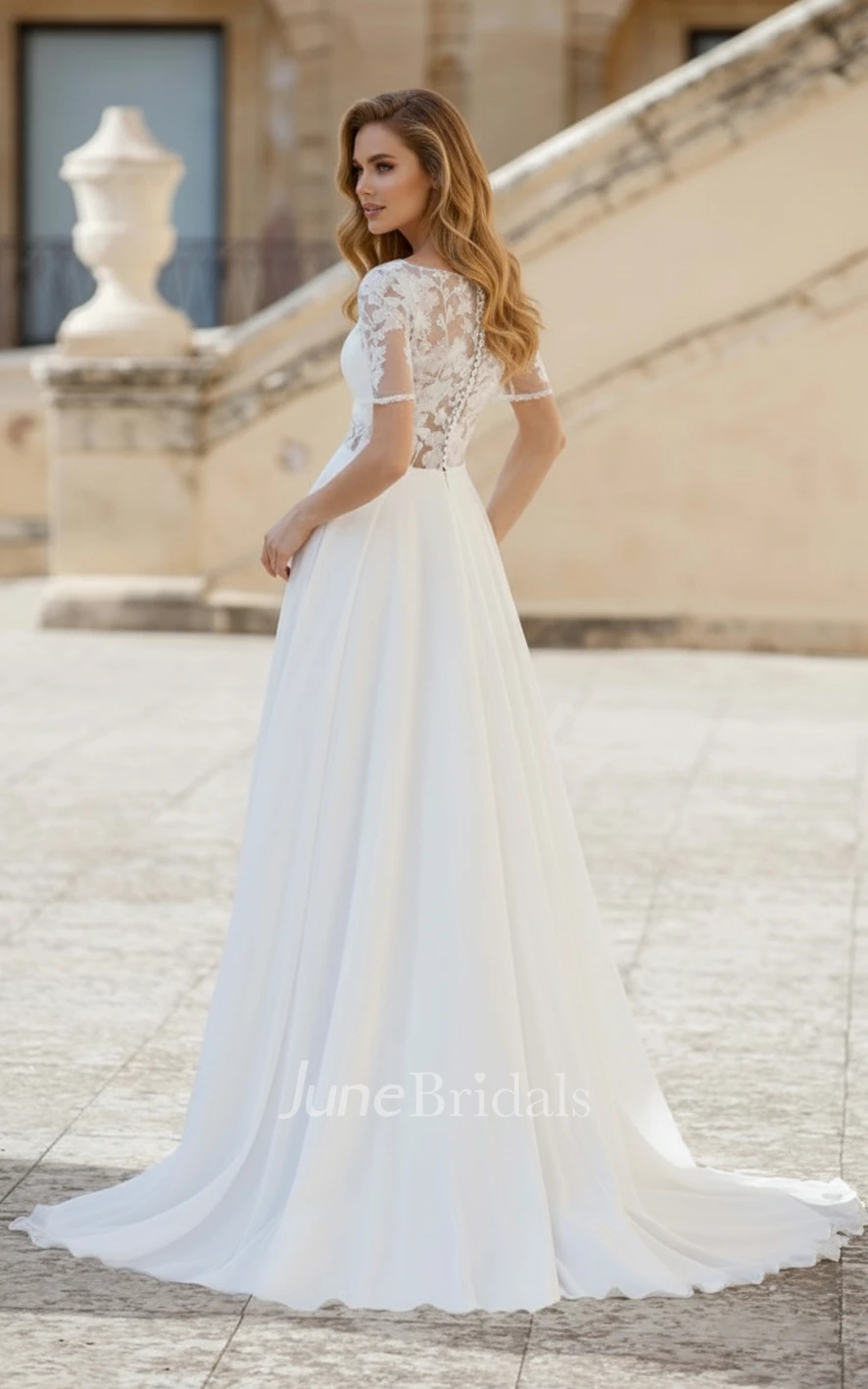 Elegant A-Line Wedding Dress with Lace Short Sleeves and V-Neck Simple Modern Chiffon Bridal Gown for Garden Ceremony