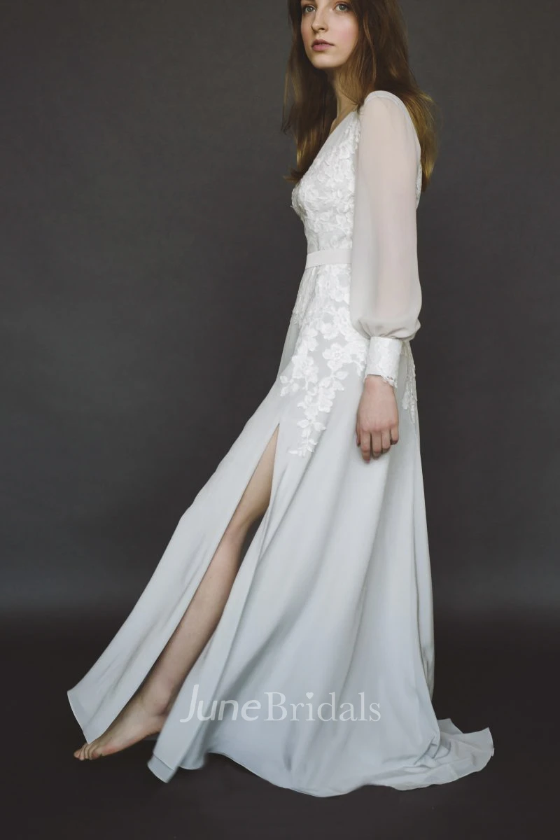 Chiffon Split Wedding Gown With Long Poet Sleeve And V-neck And Lace Appliques