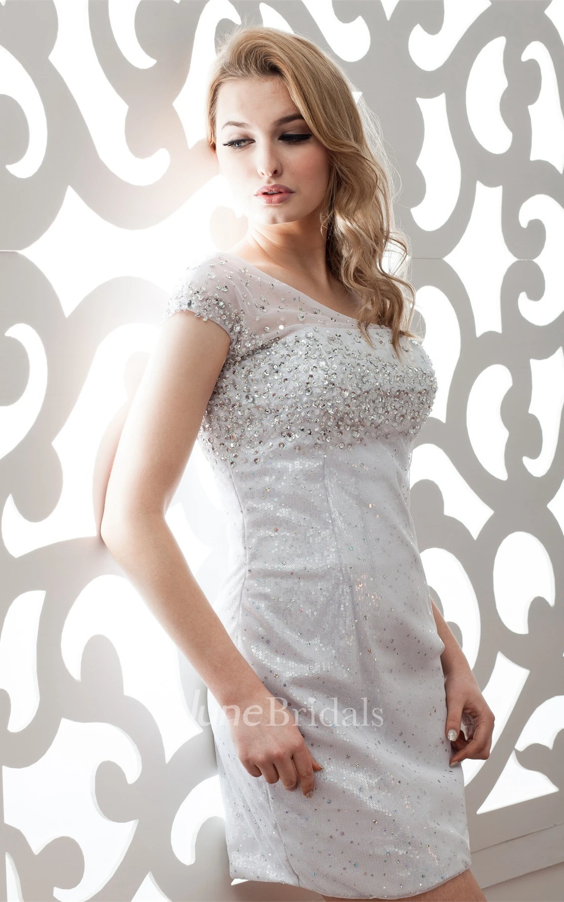 One-Shoulder Illusion Pencil Mini Dress with Beading and Sequins