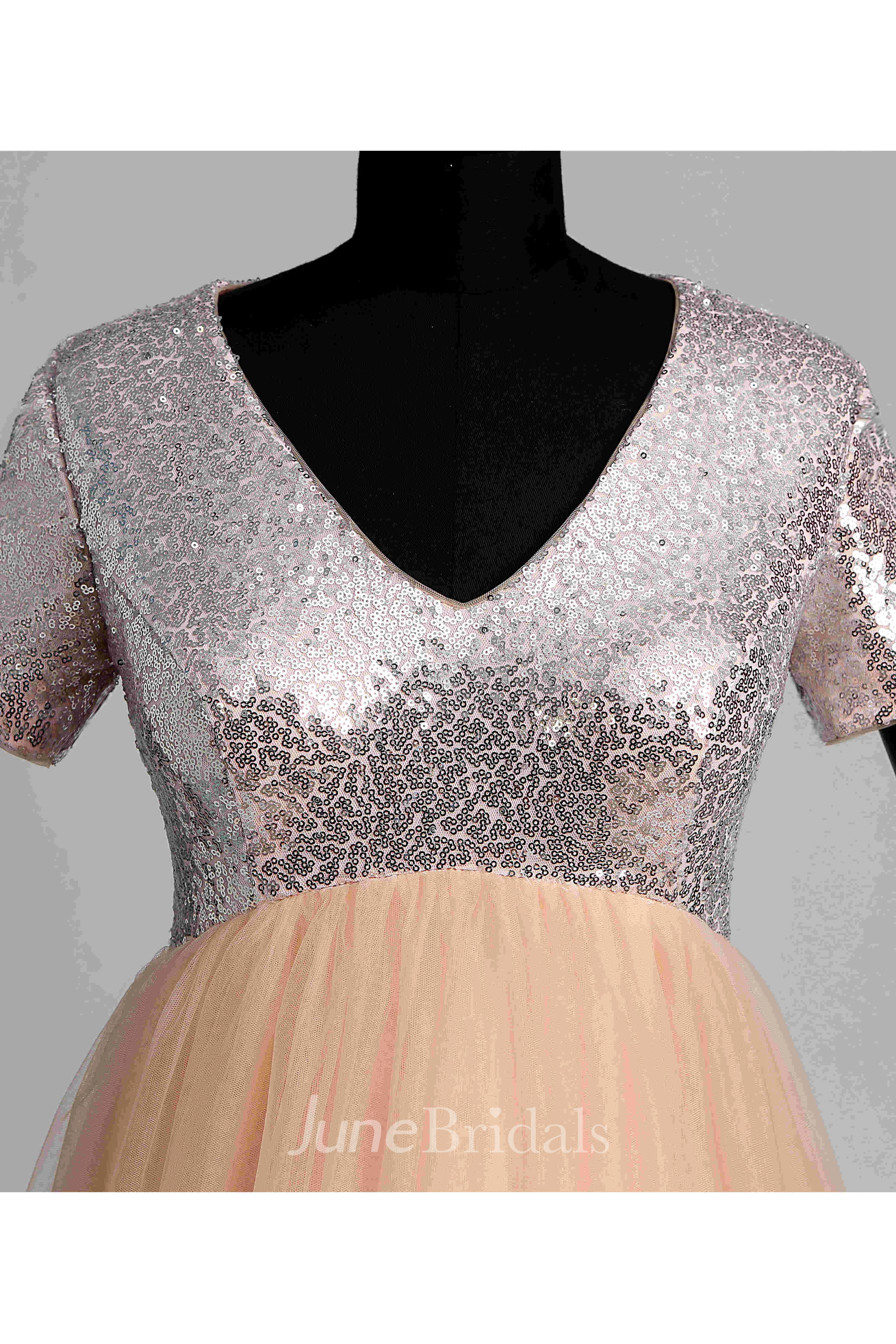 V-neck Short Sleeve Sequined Bodice Mternity Dress