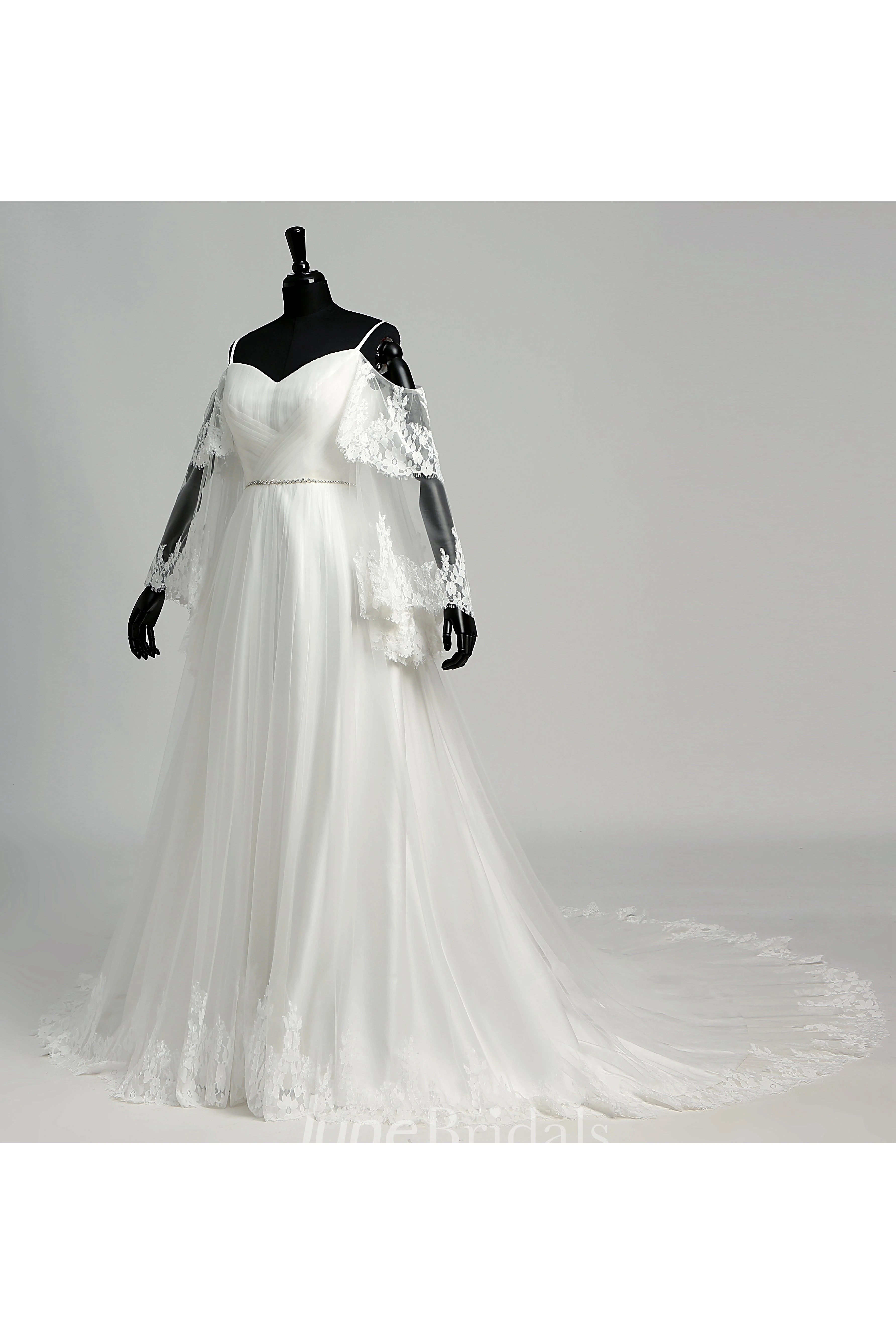 Floor-length Court Train A-line Off-the-shoulder Bell Illusion Long Sleeve Low-V Back Tulle Weeding Dress