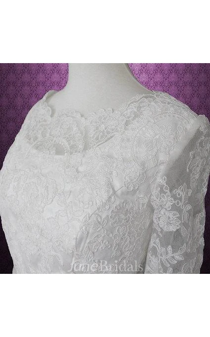 Jewel Half Sleeve Button Back Tulle Wedding Dress With Sash And Lace