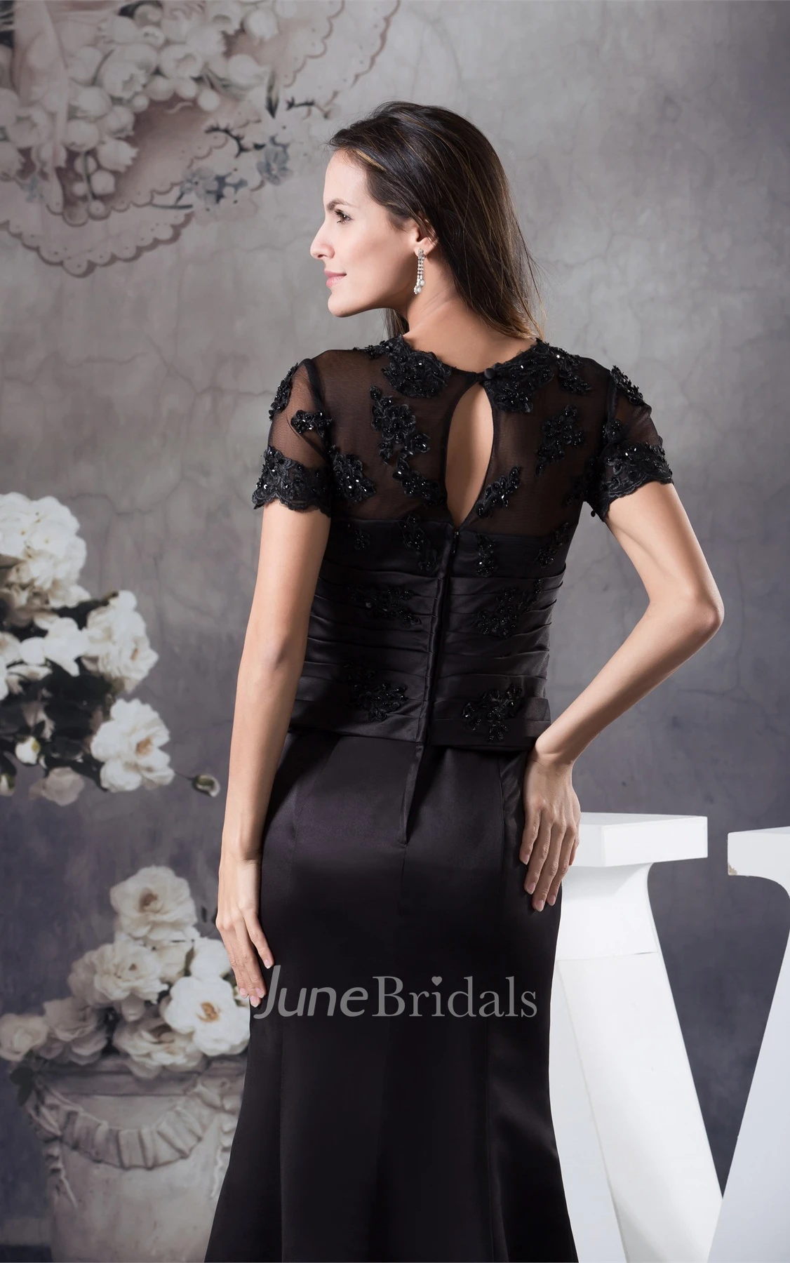 V-Neck Short-Sleeve Mermaid Satin Dress with Appliques and Illusion