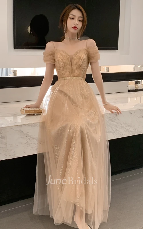 Vintage Tulle High Neck Off-the-shoulder A Line Prom Dress With Appliques and Beading