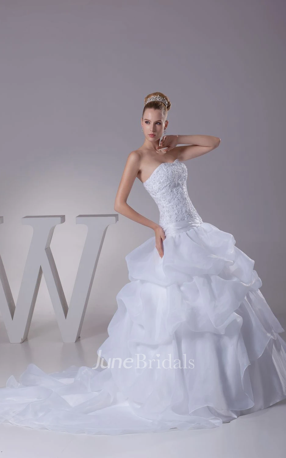 Strapless Appliqued A-Line Ball Gown With Pick-Up Design