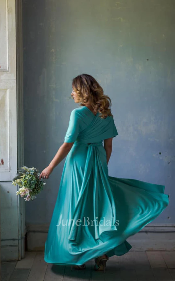 Elegant A Line Halter Neck Jersey Bridesmaid Dress With Half Sleeves And Straps Back 