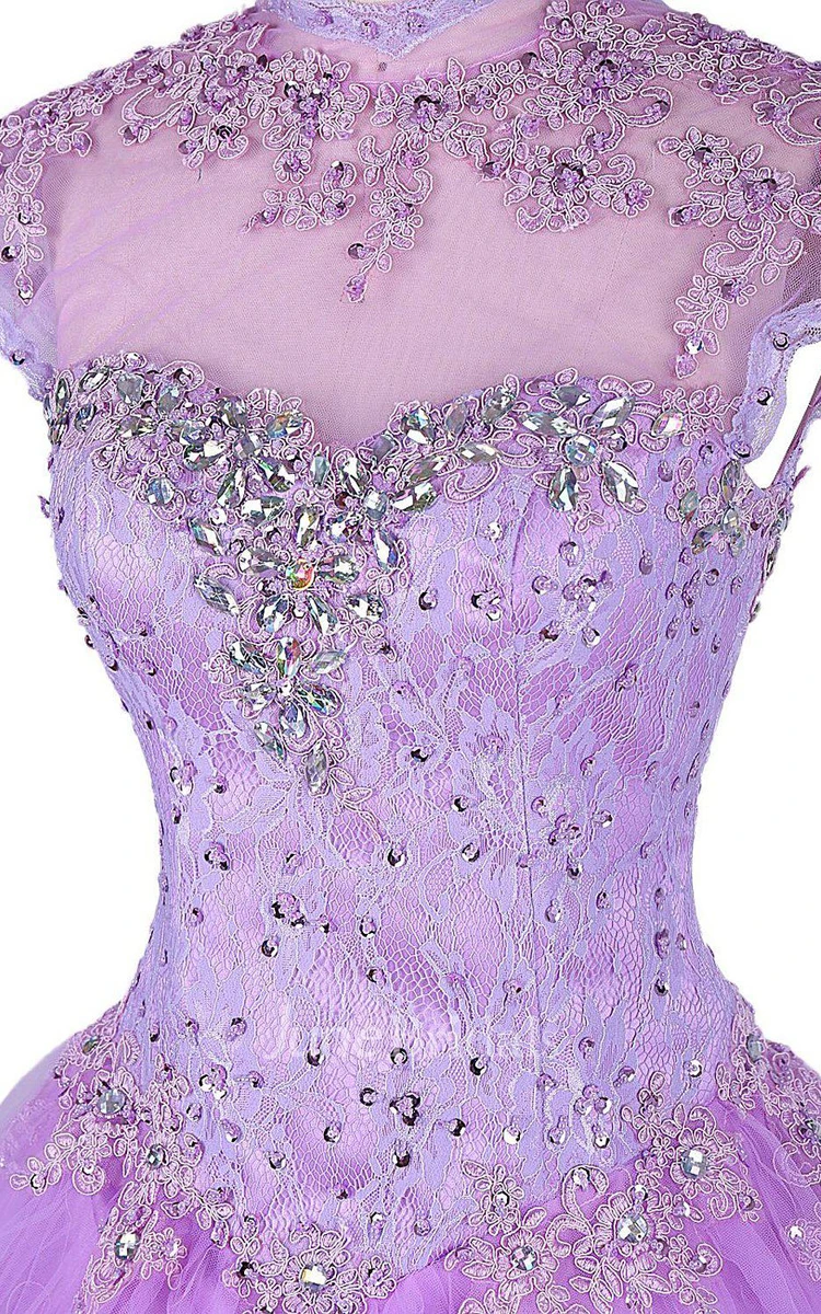 Cap-sleeved A-line Ballgown With Beadings and Illusion