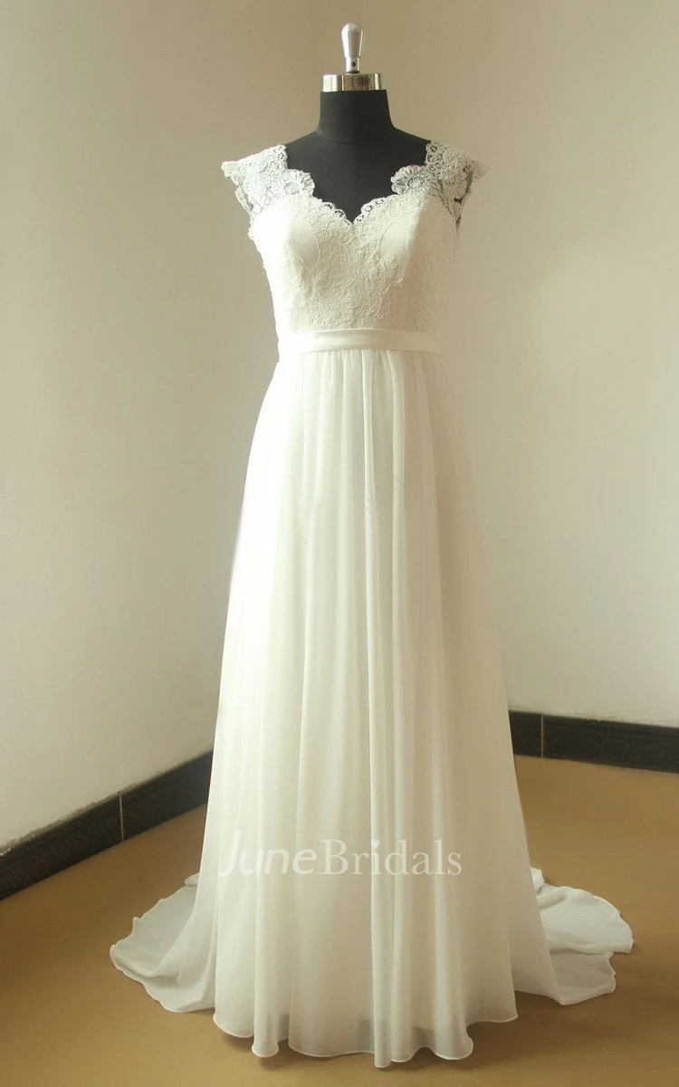 V-Neck Cap Sleeve Chiffon Lace Dress