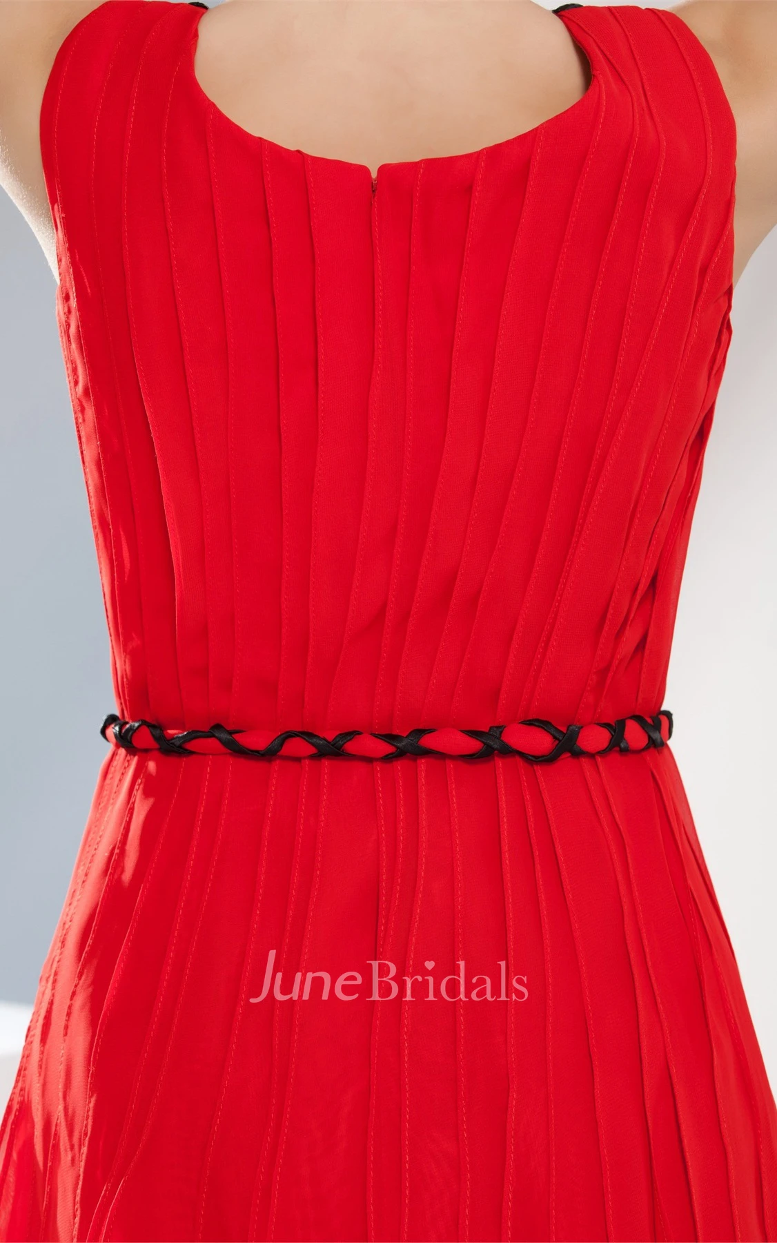 Sleeveless Ruched Mini Dress with Ribbon and Beading