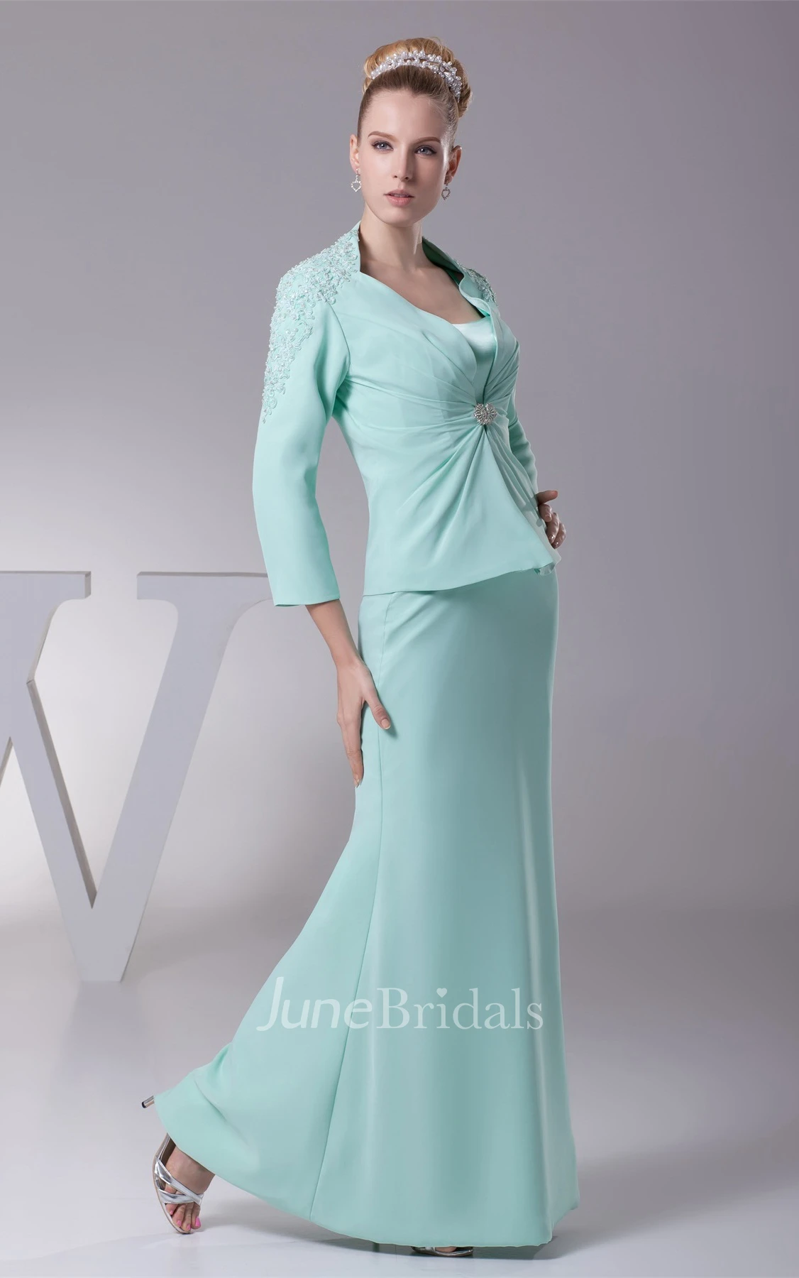 Spaghetti-Strap Sheath Floor-Length Dress with Bolero