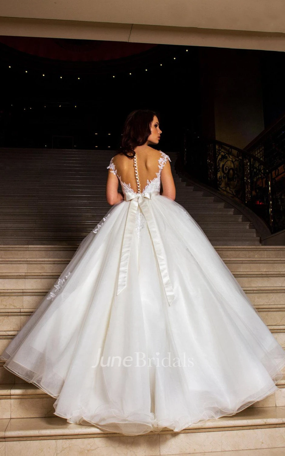 Tulle Lace Taffeta Weddig Dress With Illusion Button