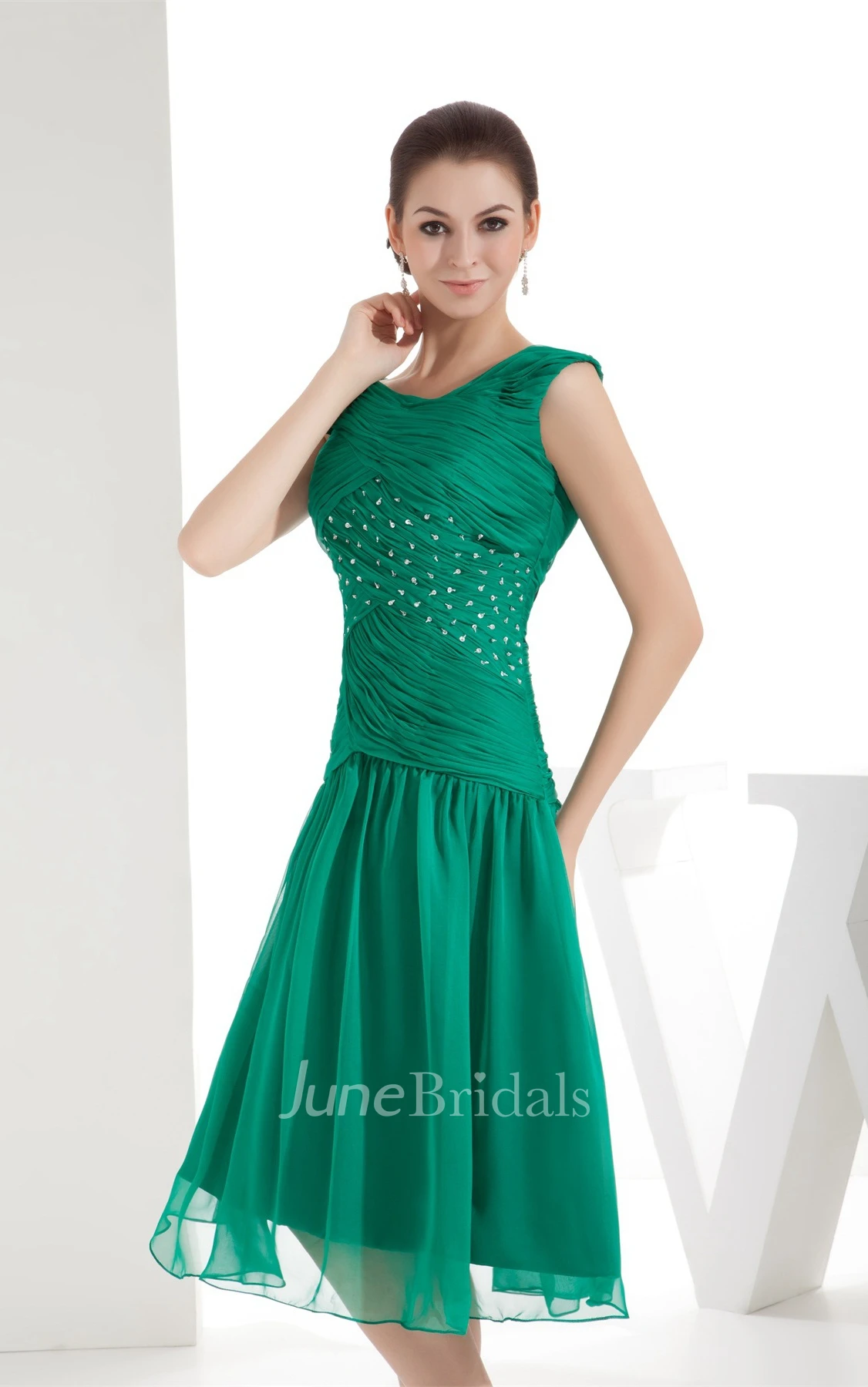 Knee-Length Bateau Ruched Criss-Cross Dress with Tulle Overlay and Beadings