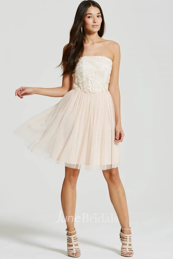 Short Appliqued Strapless Tulle Bridesmaid Dress