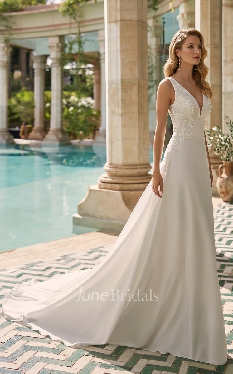 A-Line Sleeveless Chiffon Spring Wedding Dress Deep-V Neckline Lace Gown with Beadings