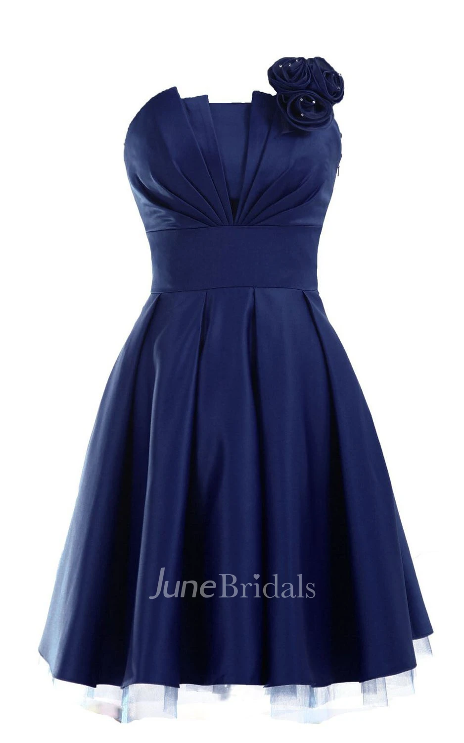 Strapless Appliqued Ruched Bodice Short Pleated Satin Dress
