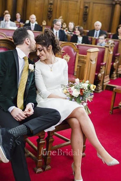 3/4 Sleeve Knee Length Satin Wedding Dress With Bateau Neckline And Ruching