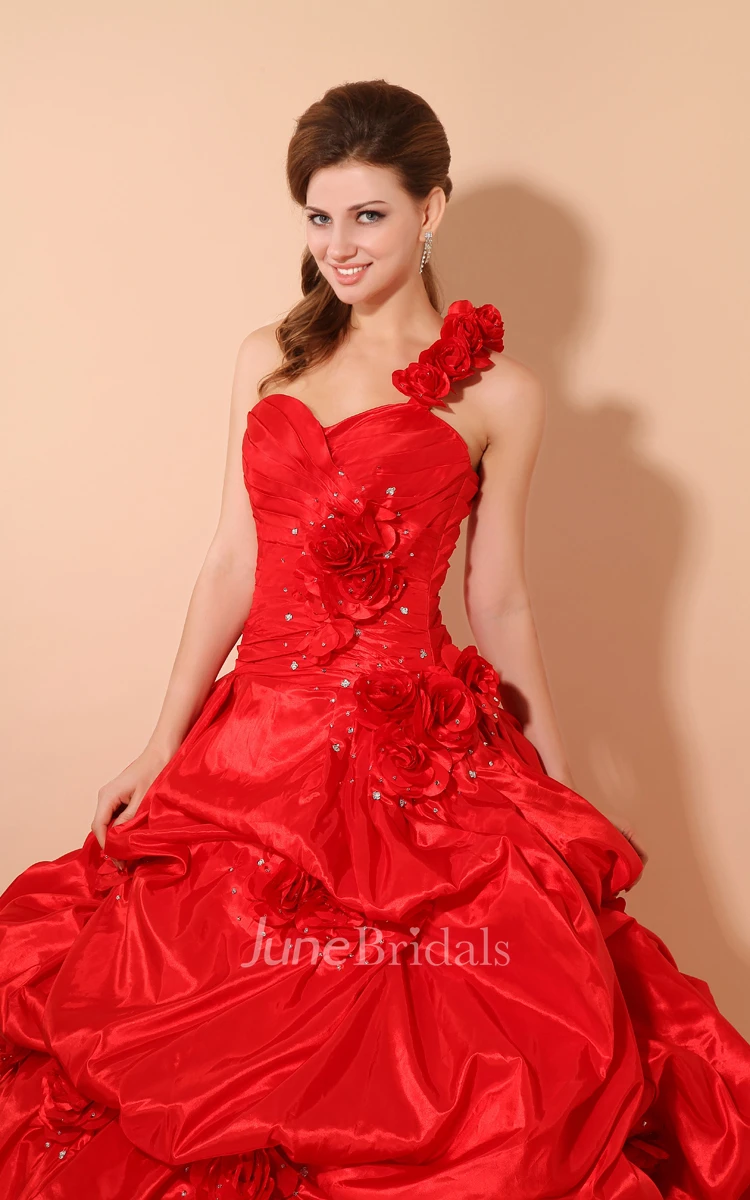 Flamboyant A-Line Sweetheart Sleeveless Ball Gown With Pick-Up Ruffles And Flower