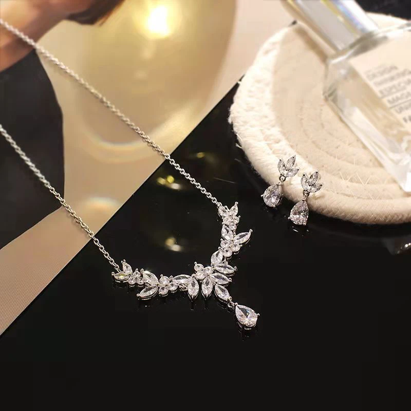 Delicate Zircon Bridal Necklace and Earrings
