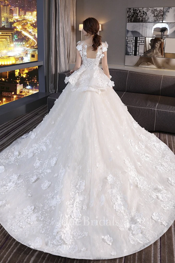 Princess 3D Floral Appliqued Cap Sleeve Lace Wedding Ball Gown With Peplum Skirt And Lace-up