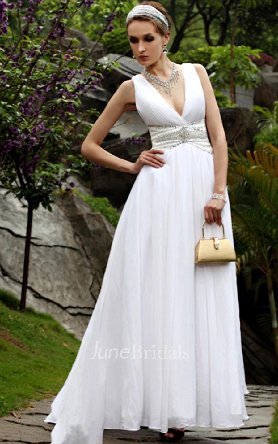 Elegant White A-line Floor-length V-neck Dress