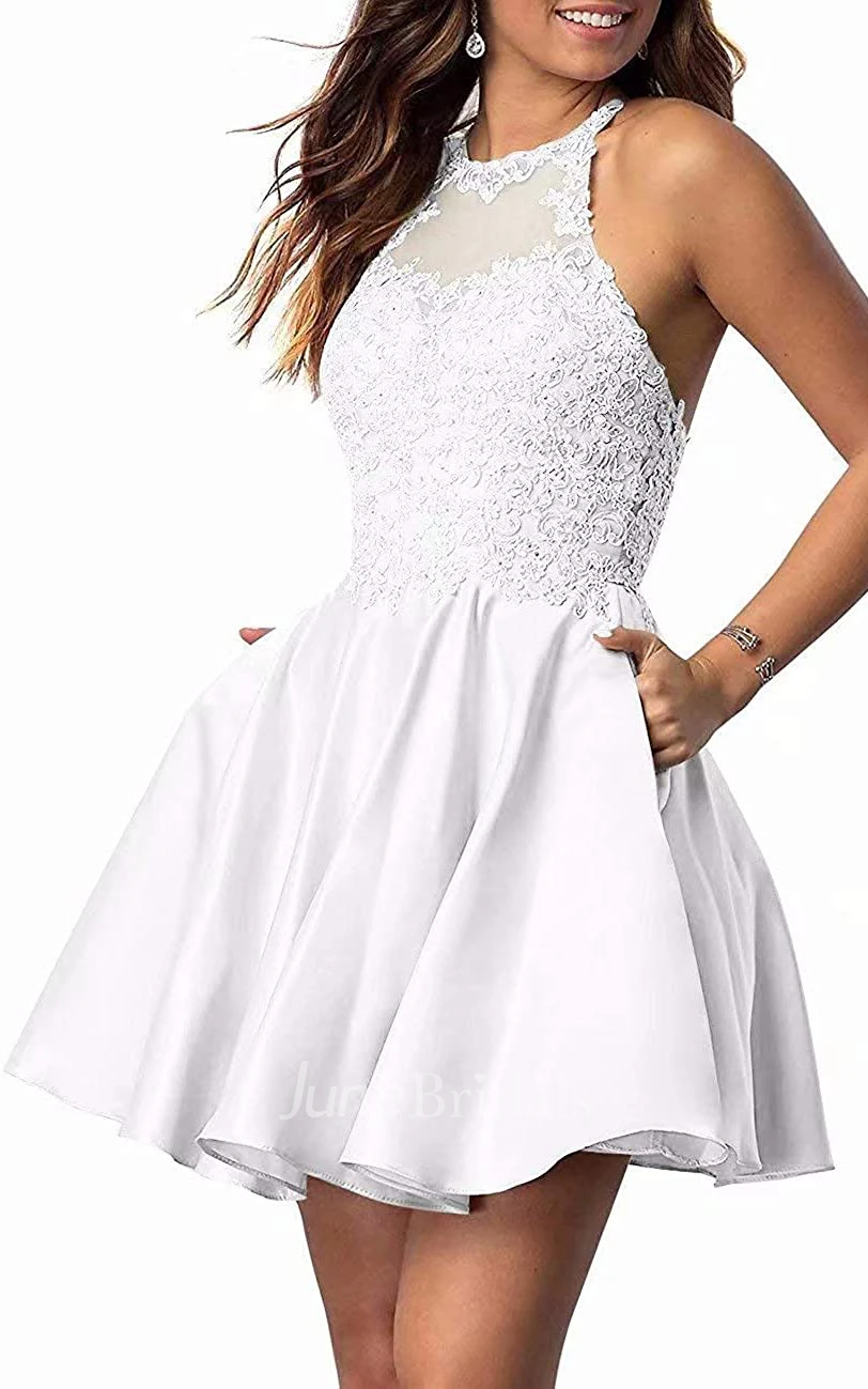 Adorable A Line Satin Lace Jewel Sleeveless Homecoming Dress with Pleats