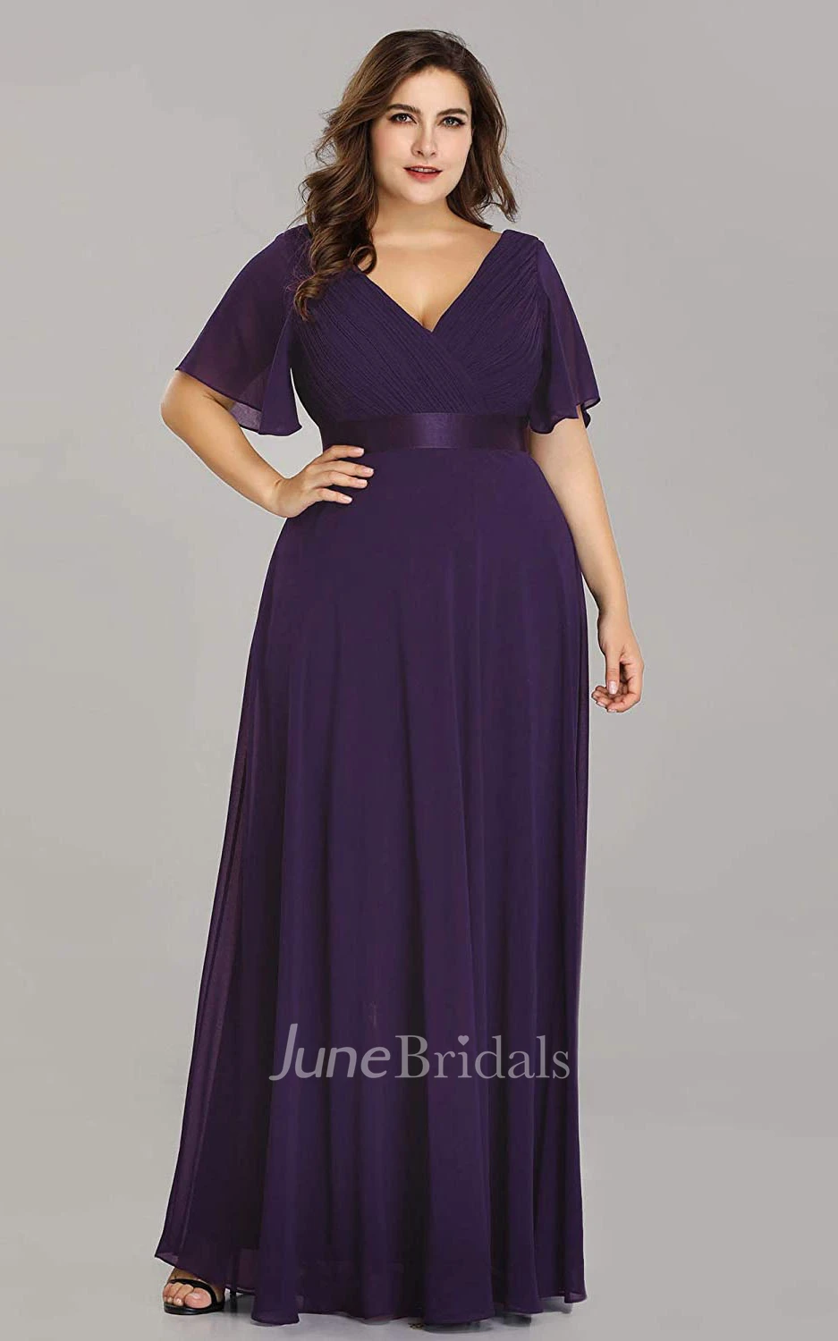 A Line V-neck Chiffon Half Sleeve Prom Dress With Criss Cross and Ruching