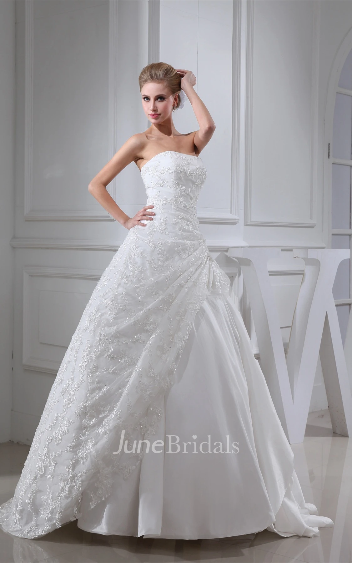 Strapless Appliqued Ball Gown with Ruching and Side Draping