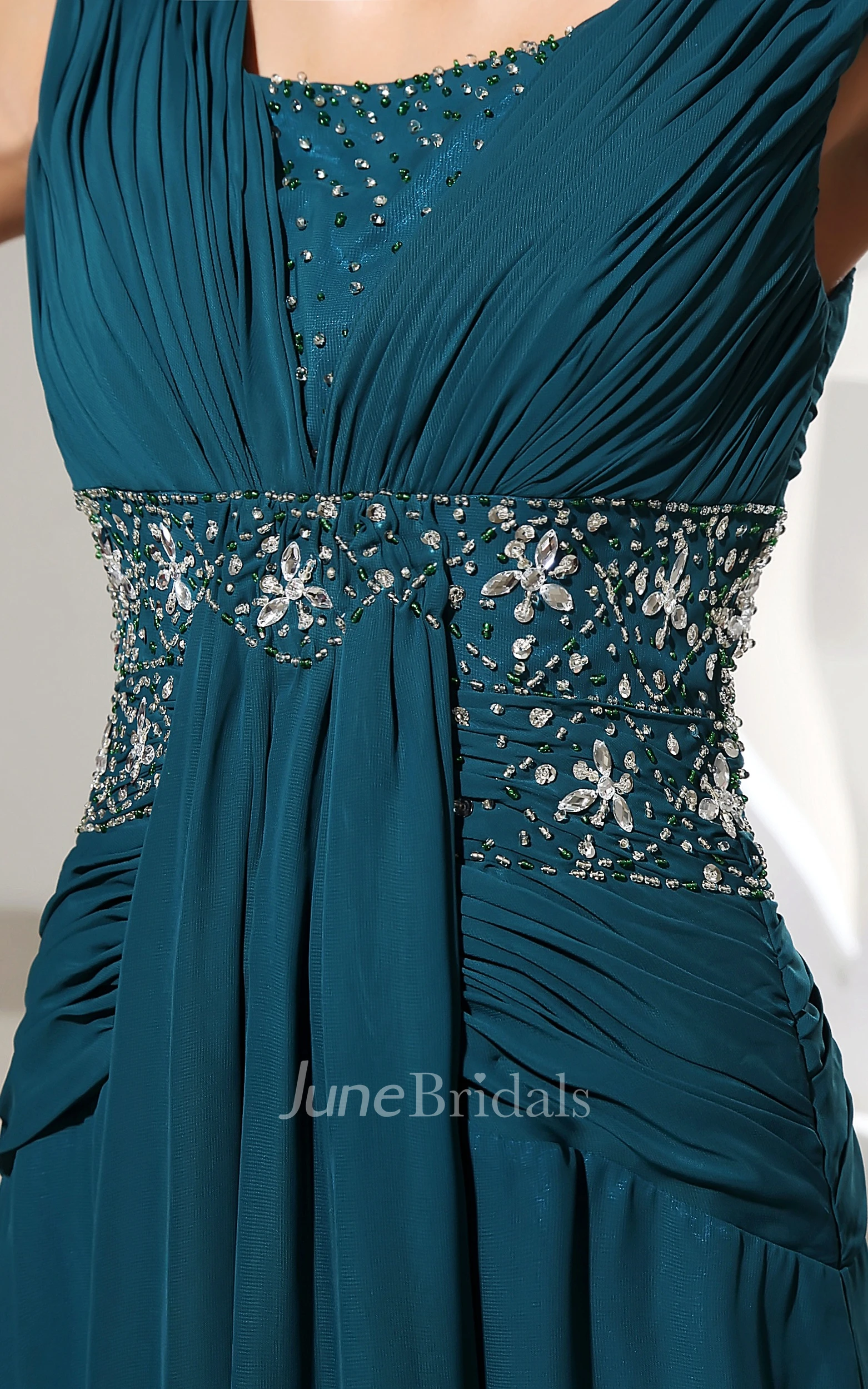 Sleeveless Chiffon Square-Neck Dress With Beaded Waist