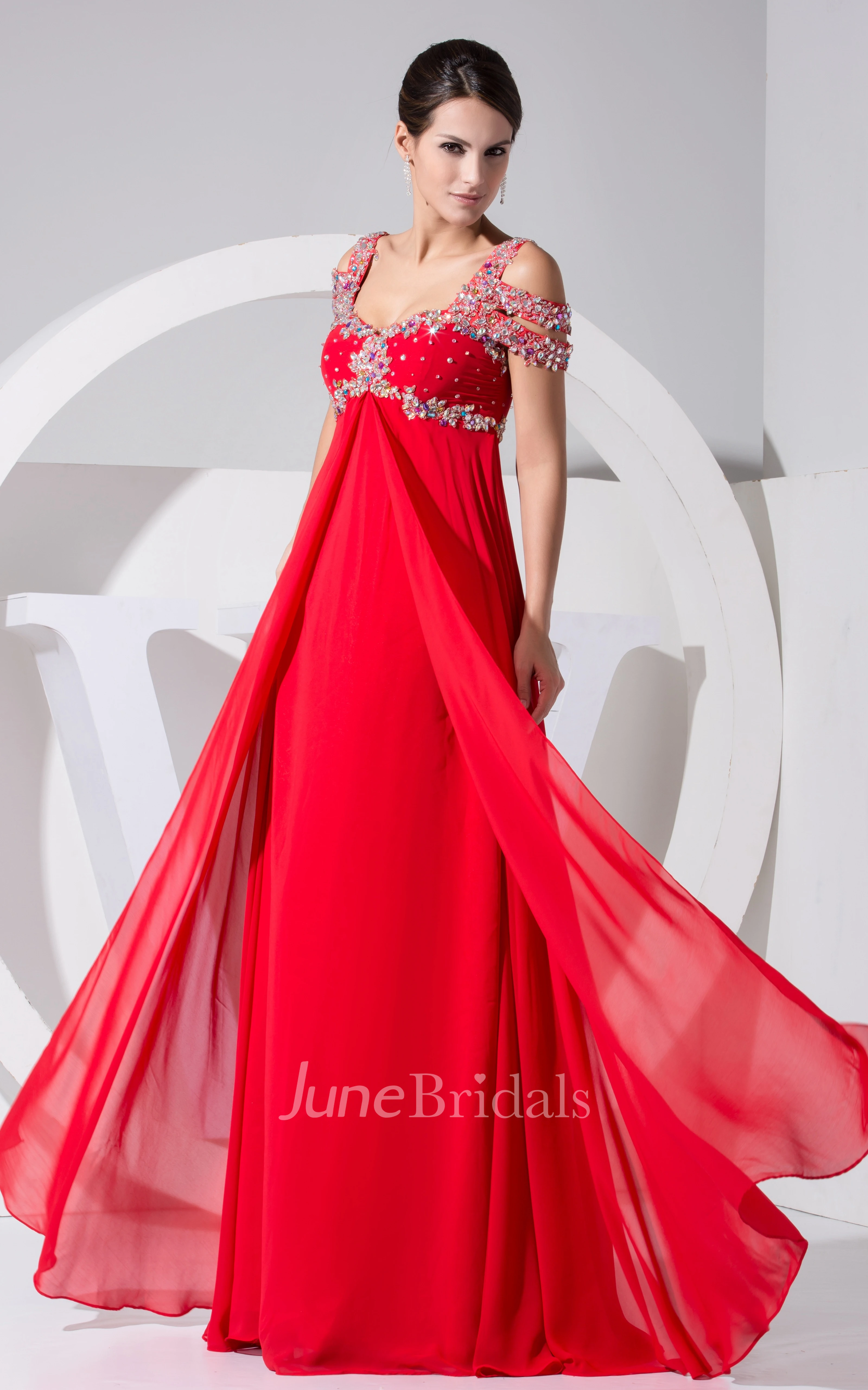 Sleeveless Empire Chiffon Long Dress With Colorful Beading