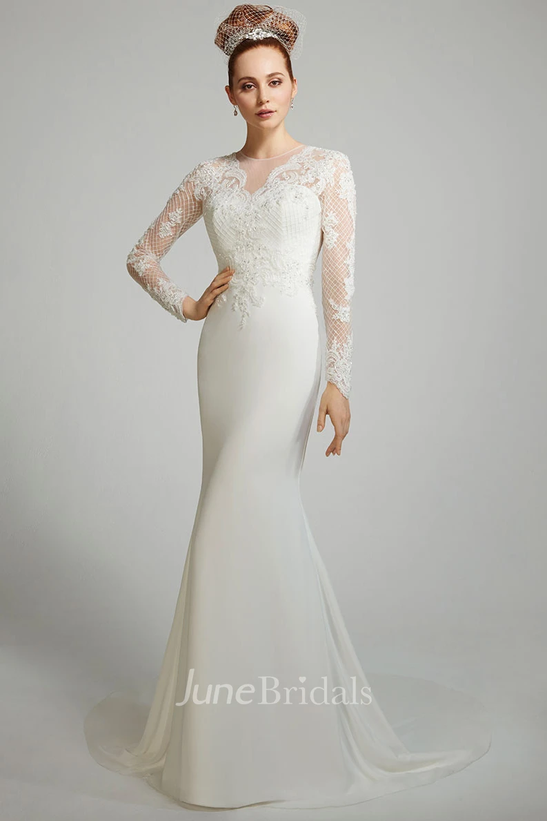 Sheath Chiffon Spring Wedding Dress Long-Sleeve Scoop-Neck Appliques Illusion Floor-Length
