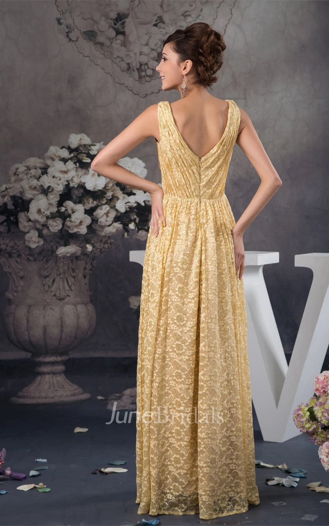 Deep-V-Neck Sleeveless Sheath Dress with Lace and Pleats