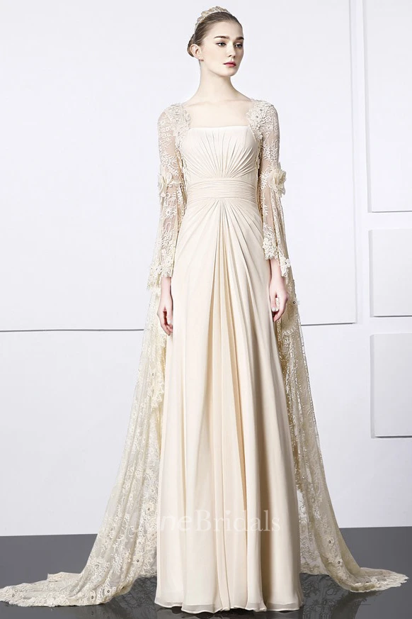 Square Sheath Lace Chiffon Unique Gown With Bat Sleeve And Train