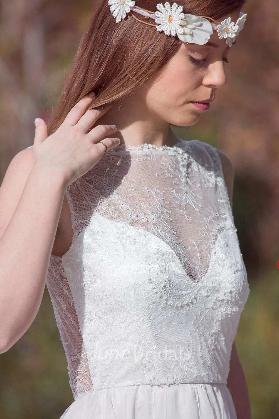 Bateau Sleeveless Split Front Lace Chiffon Backless Wedding Dress