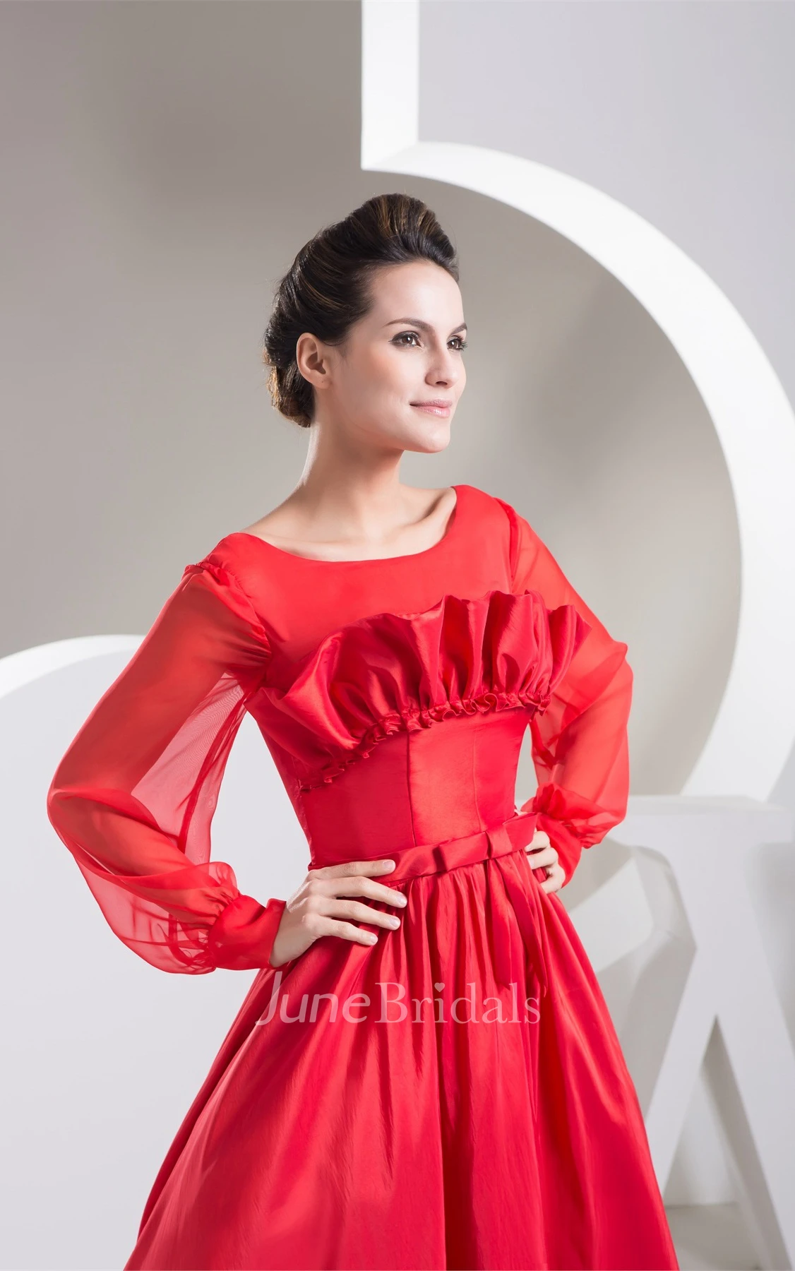 Long-Sleeve Floor-Length A-Line Gown with Bow and Pleats