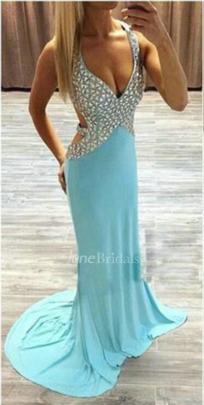 Gorgeous Crystal Mermaid Prom Dresses V-neck Long Chiffon
