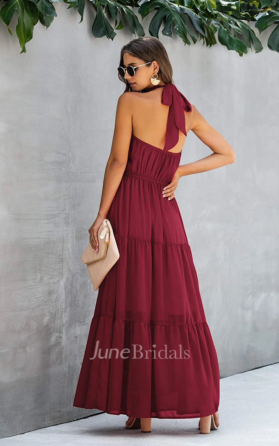 A Line Halter Chiffon Sleeveless Prom Dress With Ruffles