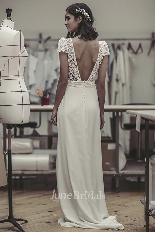 Plunging Cute Puff Sleeve Open Back Bridal Gown With Lace And Satin