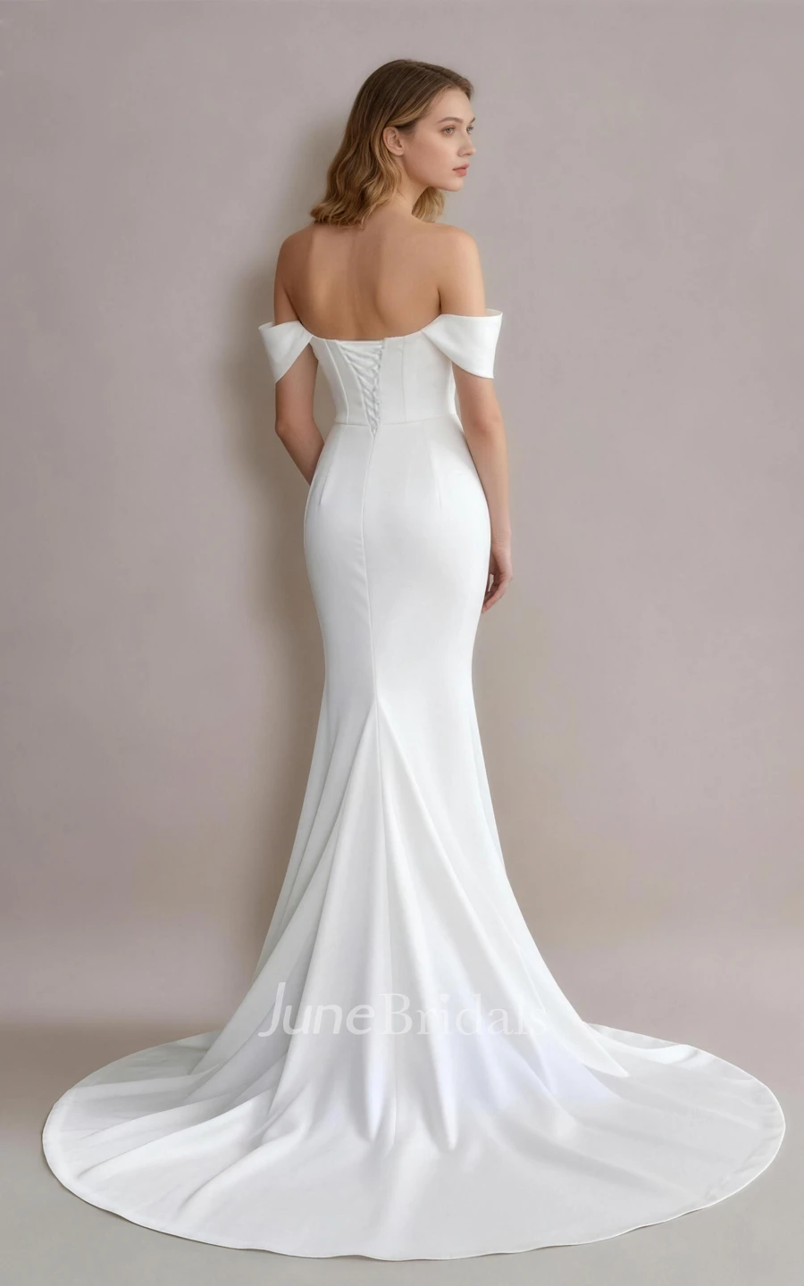 Off Shoulder Mermaid Satin Wedding Dress Basque Waist Corset Formal Gown with Pleats & Dropped Neckline